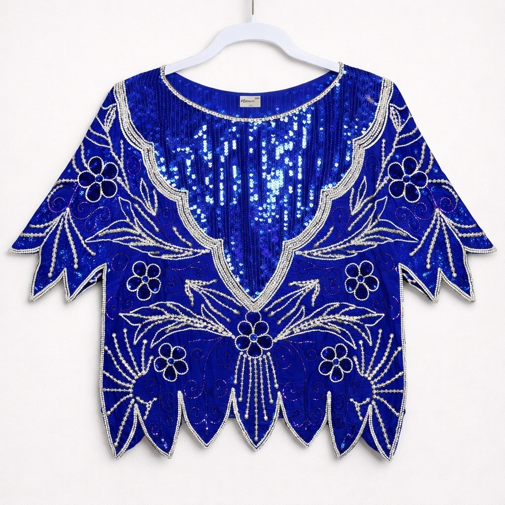 Royal Blue 100% Silk Beaded Sequin Top M Art Deco Flapper Boho Festival 20s Glam